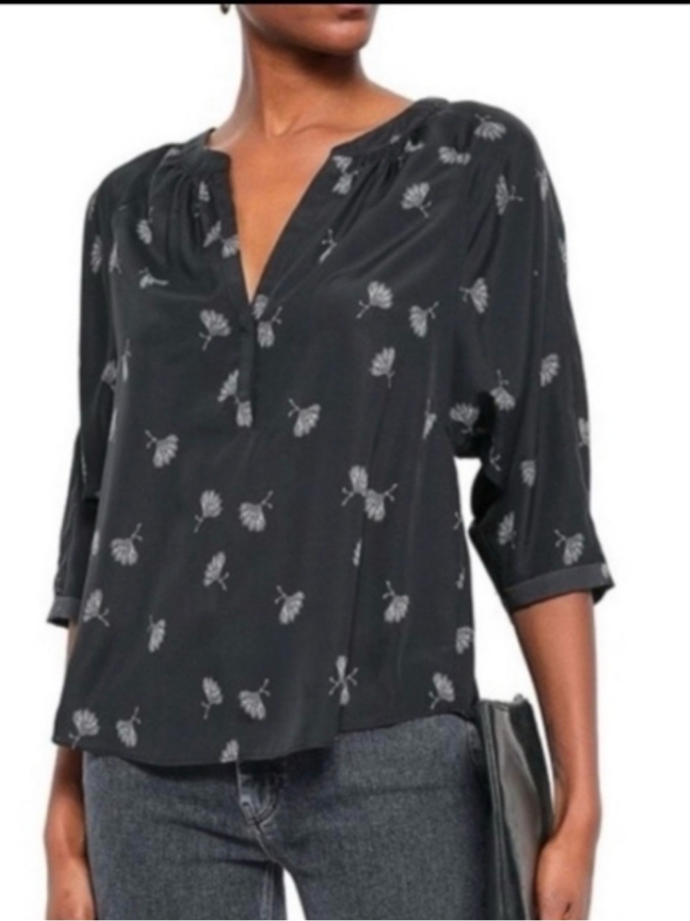 Joie Black Floral V-Neck Peasant Blouse
